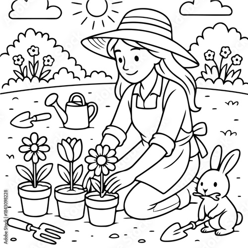 Gardening Delight: A woman tenderly tends to her flourishing garden on a bright, sunny day, with a cute rabbit watching in the backyard, bringing the joy of nature to life.