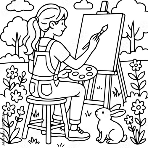 Artistic Creation in Nature: A young woman, surrounded by a serene outdoor setting, immersed in the act of painting with brush and palette, accompanied by a small bunny.