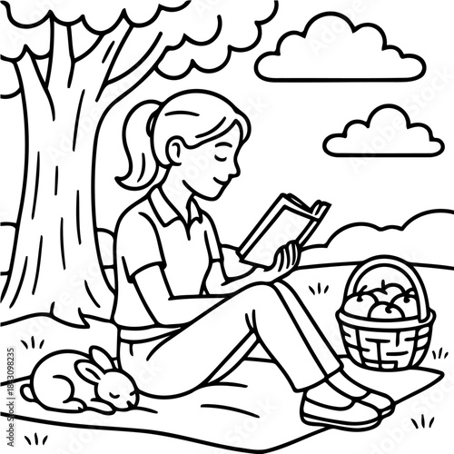 Leisurely Reading in the Shade: A moment of tranquility unfolds as a woman finds solace under a tree, engrossed in a book, while a peaceful bunny rests nearby, the scene bathed in a sense of serenity.