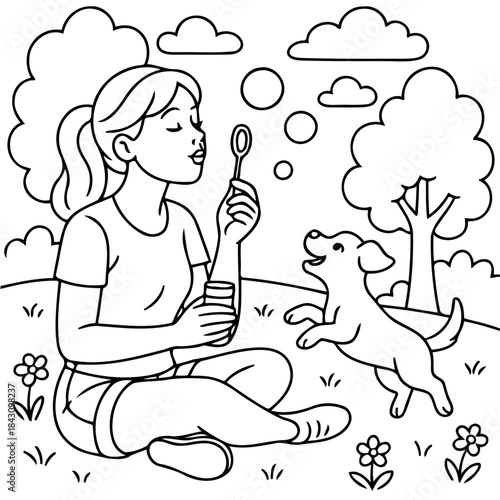 Bubbles of Joy: A young woman creates whimsical bubbles, eliciting a playful reaction from her canine companion in a serene outdoor scene. 