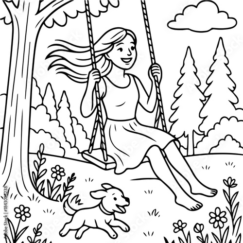Joyful Swing Set: A young woman joyfully swings on a classic swing set in a vibrant park. her faithful dog runs happily near her. This scene encapsulates the essence of youth, freedom.