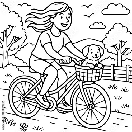 Joyful Bike Ride: A young person pedals a bicycle with their loyal dog in the basket, enjoying a sunny day outdoors.