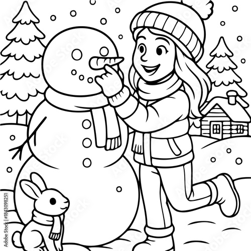 Snowy Creation: A young girl, bundled in winter wear, puts the final touches on a jovial snowman. A fluffy rabbit watches on as flakes of snow dance in the crisp winter air.