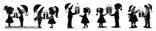 vector of a little boy giving a christmas gift to a female friend