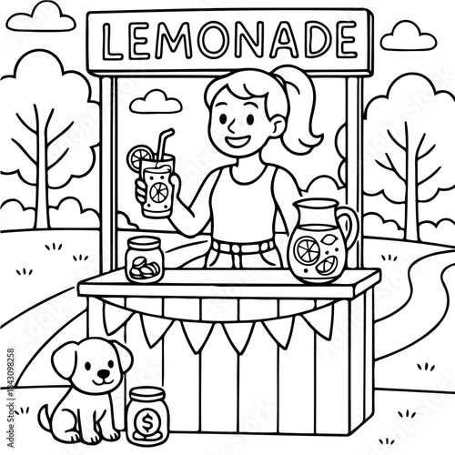 Lemonade Stand: A youthful entrepreneur with a delightful canine companion, brimming with cheer, operates a charming lemonade stand on a sunny day.