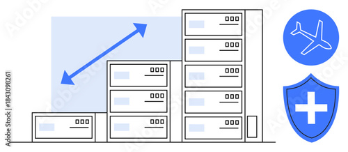Technology infrastructure, data protection, healthcare solutions, aviation services, cloud scalability, business growth. Data centers and icons of a shield and airplane. Technology infrastructure