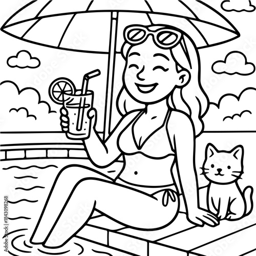 Summer Sipping by the Pool: A cheerful person, basking in the sun's embrace, lounges near a shimmering pool, sipping a refreshing drink, with a cute companion watching on.  