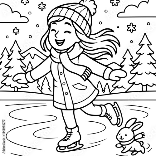 Winter Wonderland Joy: A young person ice skating with joyous enthusiasm in a snowy winter scene, with a playful bunny gliding by. A celebration of winter fun and childhood delight.