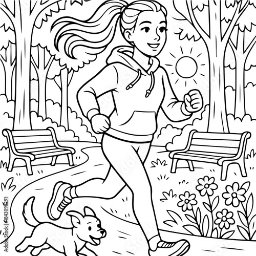 Joyful Jog: A young woman, accompanied by a playful puppy, enjoys a refreshing outdoor run, basking in the morning sun amidst the tranquility of a park setting.