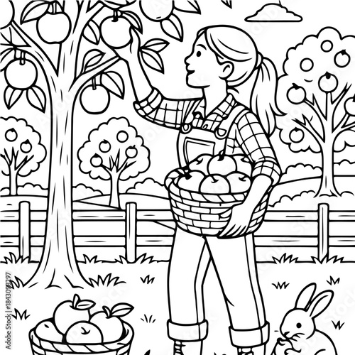 Harvest Time in the Orchard: A farmer diligently picks ripe apples from a flourishing tree in a bountiful orchard during harvest season.