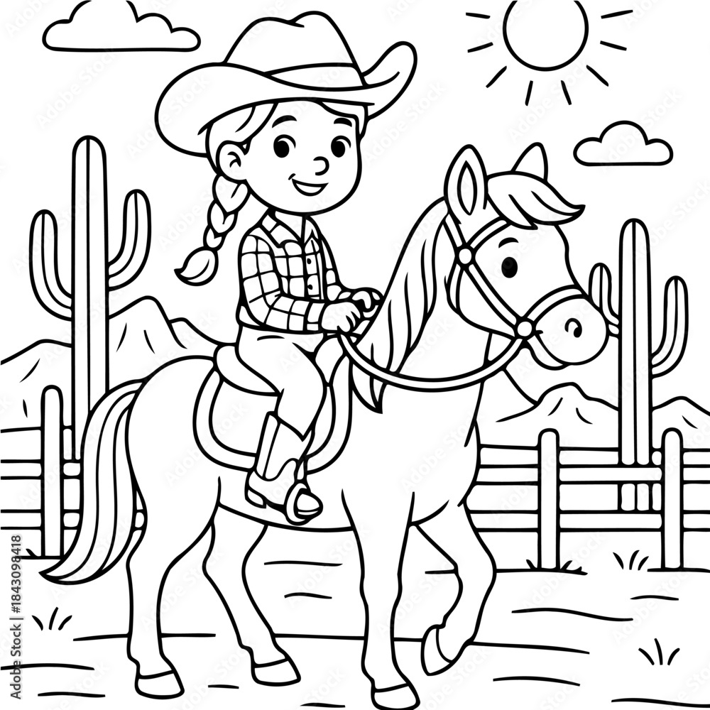 Fototapeta premium Young Cowgirl's Adventure: A charming illustration depicts a young cowgirl, seated confidently astride her horse, embarking on an exciting journey under a sunny sky in wild west scene.