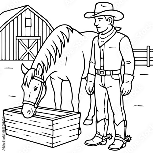 Cowboy and Horse: A stoic cowboy stands beside his trusted horse as it drinks from a trough, a testament to the bond of partnership amidst the backdrop of a rustic barn. 