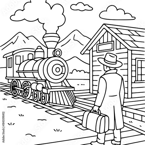 Journey's Beginning: A monochrome illustration depicts a lone figure embarking on a train journey. The classic train is poised at the station.