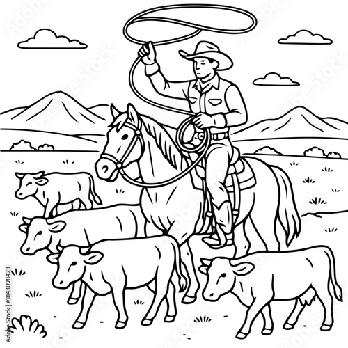 Cowboy on the Range: An illustration of a cowboy on horseback skillfully ropes cattle, depicting the essence of the American West. 