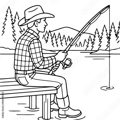 Fishing Serenity: A lone fisherman, in a quiet moment of focus, casts his line into a tranquil lake, surrounded by a serene natural landscape. 