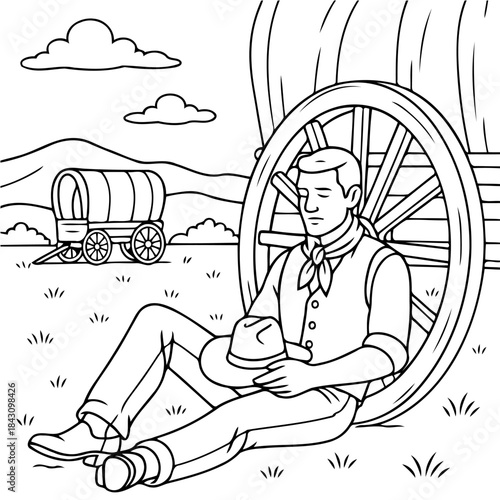 Resting Cowboy by Wagon: A contemplative cowboy rests against the sturdy wheel of his wagon under a serene sky. This illustration evokes a sense of peace, solitude, and the spirit of the Wild West.