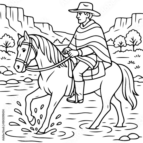Western Rider: A lone rider, clad in traditional western attire, gracefully traverses a flowing river on horseback, against the backdrop of a majestic canyon landscape.