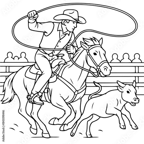 Cowboy's Roping Skill: A skilled cowboy, astride his trusty steed, expertly maneuvers a lasso, aiming to rope a calf during a rodeo event.