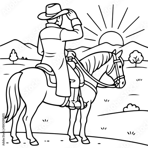 Cowboy on Horseback: A rugged cowboy on horseback, surveys the vast landscape under a bright rising sun. Capturing the spirit of the Wild West and the allure of adventure.