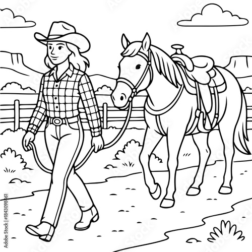 Cowgirl and Horse: A cowgirl strolls alongside her horse on a serene trail, a symbiotic bond between human and animal, embodying the spirit of the Wild West.
