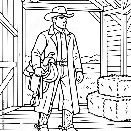 Cowboy in the Barn: A stoic cowboy, complete with hat, coat, and boots, stands in a weathered barn. He holds a saddle, ready for a ride, as he embodies the spirit of the Wild West.