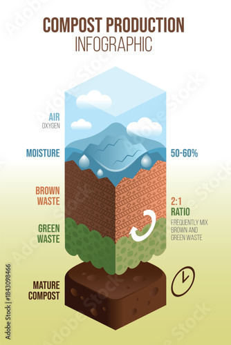 Detailed infographic illustration of the compost production process, showing layers of green and brown waste ratio, moisture levels, oxygen, and mature soil. Sustainable gardening guide.