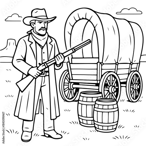 A Rugged Cowboy Stands Watch: A stoic cowboy stands guard with his rifle near a covered wagon and barrels, set against a backdrop of the old west and the vast wilderness.