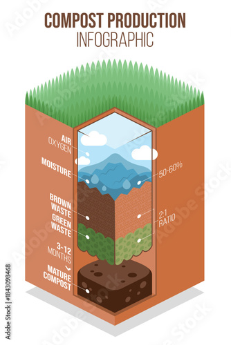Detailed infographic illustration of the compost production process, showing layers of green and brown waste ratio, moisture levels, oxygen, and mature soil. Sustainable gardening guide.