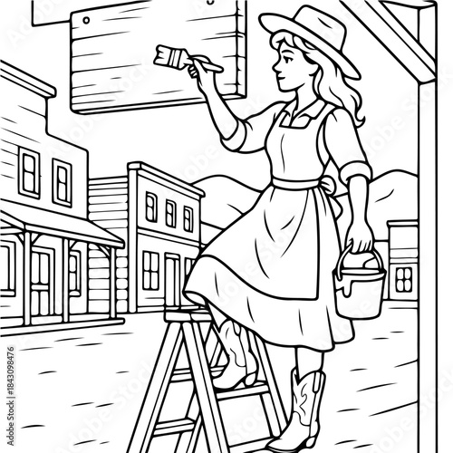 Wild West Painter: A determined woman, clad in a wide-brimmed hat, carefully paints a wooden sign in a quaint Wild West town, embodying the spirit of frontier life.