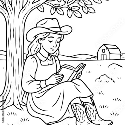 Cowgirl Reading: A cowgirl finds solace under the shade of a tree, engrossed in a book. This tranquil scene captures the simple joy of reading, enhanced by the idyllic setting of a rural landscape.