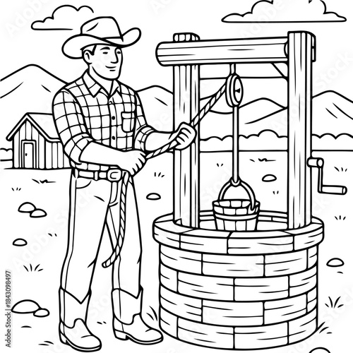 A Rural Lifeline: A solitary figure, a resilient cowboy, stands proudly next to a weathered well, a symbol of rural heritage and perseverance, set against the backdrop of rolling hills.