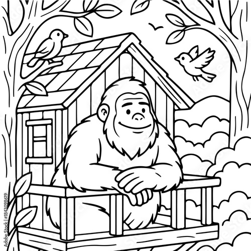 Bigfoot's Backyard Retreat: A whimsical illustration depicts Bigfoot, contentedly perched within a cozy treehouse. Birds flutter nearby, enhancing the scene of woodland tranquility.