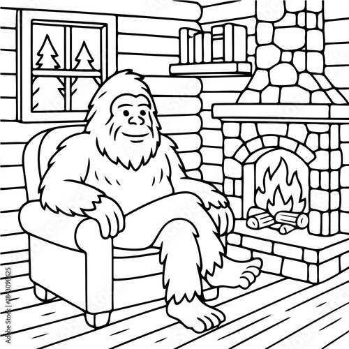 Sasquatch's Cabin Comfort: A Sasquatch relaxes in a cozy cabin by a fireplace, radiating warmth and tranquility.