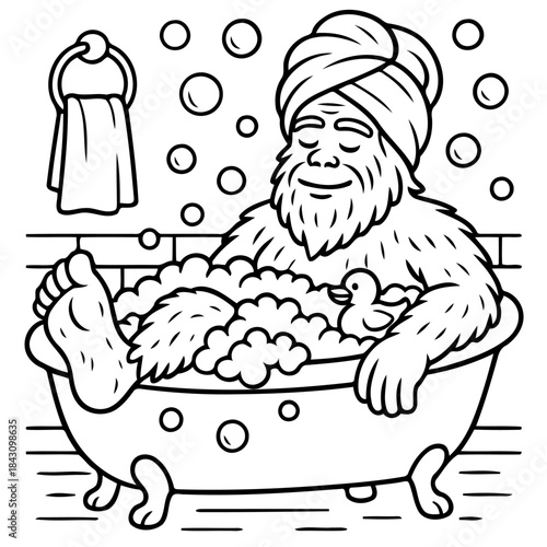 Bigfoot's Relaxing Bath: This black and white illustration portrays the legendary Bigfoot enjoying a leisurely bath, immersed in bubbles, with a towel on his head and a rubber ducky for company.