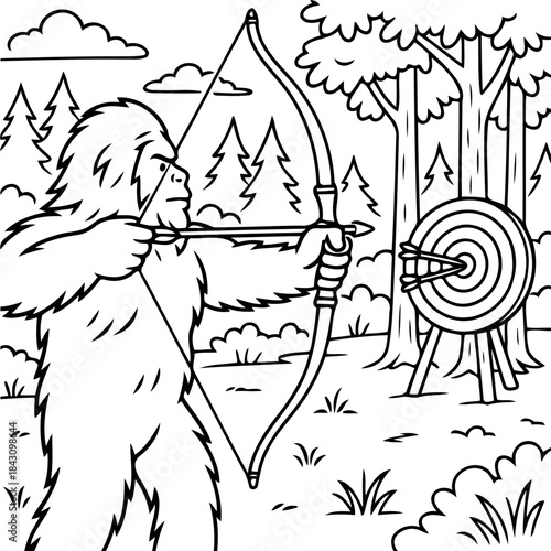 Archery Bigfoot: A Bigfoot figure, holding a bow and aiming at a target board, embodies the spirit of skill, focus, and nature-inspired fun.