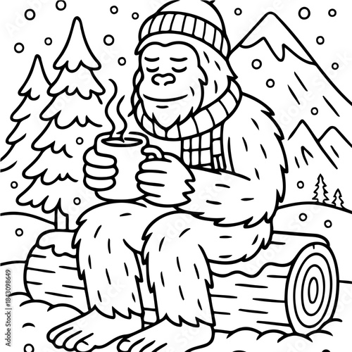 Cozy Bigfoot in Winter: An adorable cartoon depiction of a bigfoot figure, enveloped in winter warmth, enjoying a cup of a hot beverage, amidst a snowy mountainous backdrop.