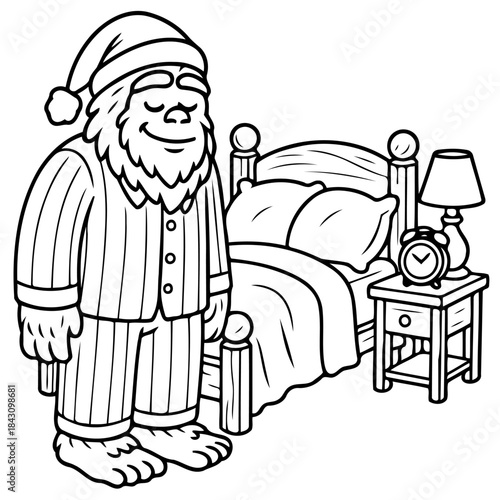 Sasquatch Ready for Slumber: A friendly Sasquatch, dressed in cozy pajamas and a nightcap, stands beside a inviting bed, featuring a pillow, nightstand and alarm clock.