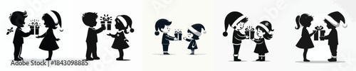 vector of a little boy giving a christmas gift to a female friend
