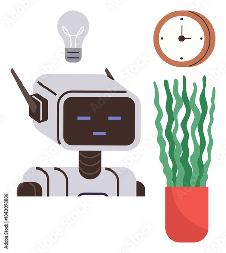 Robot with antenna, glowing light bulb, analog clock, and potted plant depicting harmony of technology, creativity, time management, and sustainability. Ideal for innovation, AI smart homes
