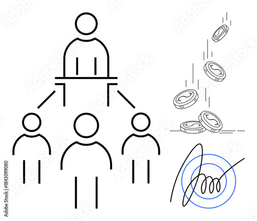 Business structure, financial transactions, organizational management, wealth distribution, blockchain, digital authentication. Hierarchical figures, coins and a signature symbol. Business structure