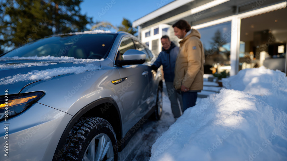 Naklejka premium Two men examine a snow-covered vehicle parked outside a modern home, engaging in discussions about winter driving and vehicle maintenance in a picturesque snowy setting.