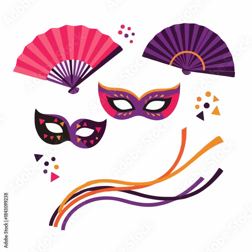 Colorful carnival masks and fans for party decoration and celebration