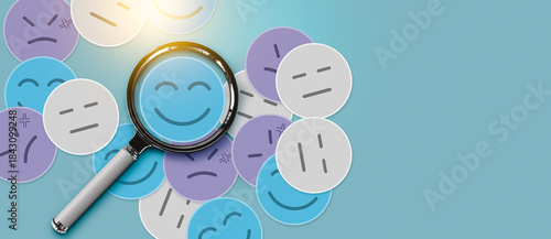 Positive thinking feedback, World mental health day, Magnifying glass focus Satisfied feedback icon, Excellent review result, Customer giving rating for experience or quality product, Opinion survey