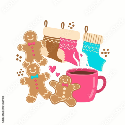 Christmas holiday theme with gingerbread men and hot chocolate