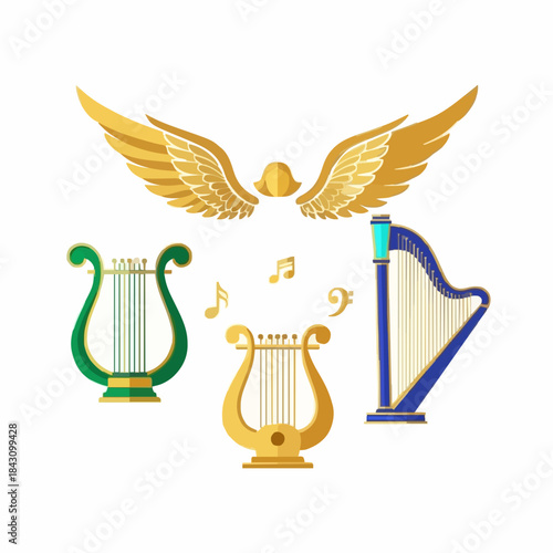 Vector illustration musical instruments harp lyre wings music symbols
