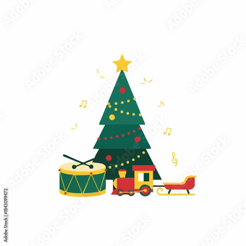 Christmas tree with train and drum holiday music theme vector