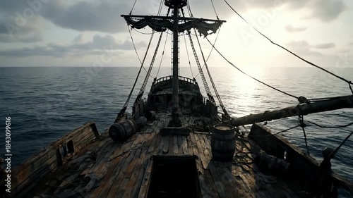 Cinematic flyover of a mysterious old ghost ship sailing on the open ocean at sunset
