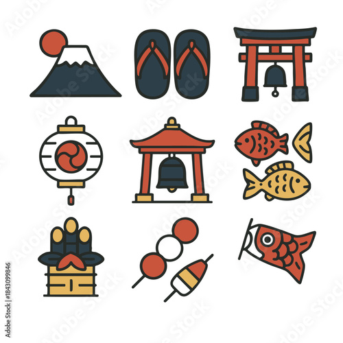 Mount Fuji, temple bell, lantern, fish, sandals, festive New Year icons