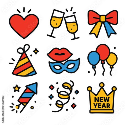 New year celebration icons with party hat, champagne and confetti cheerfully