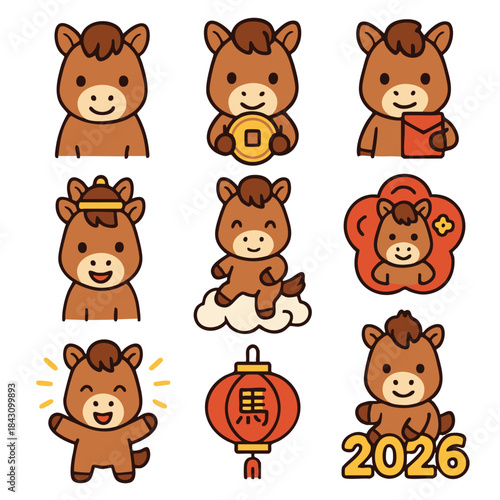 Cute brown horse character holding coin and lantern, festive joyful New Year celebration